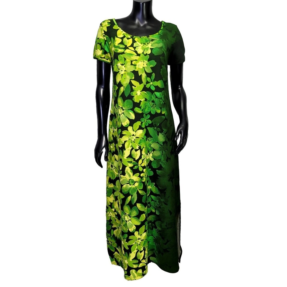 Bob Mackie Wearable Art Green Floral Ombre Maxi Dress Short Sleeve‎ XSP Tropical